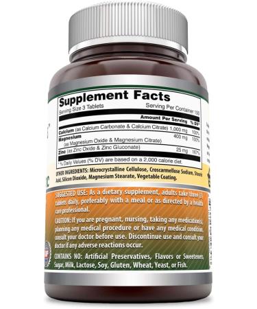 Amazing Nutrition Calcium Magnesium Zinc Dietary Supplement - 300 Tablets - 1000mg Calcium, 400mg Magnesium, 25mg Zinc - 3 Tablet Serving Size - Buy Online on GoSupps.com