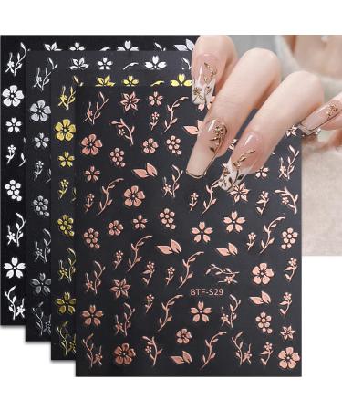 Flower Nail Art Stickers  Cherry Blossoms Nail Decals 3D Self-Adhesive Rose Gold White Sliver Gold Cherry Blossom Spring Nail Design Manicure Tips Nail Decoration for Women Girls Kids(4Sheets)