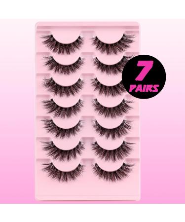 Veleasha Natural Fluffy Cat Eye Lashes | 7 Pairs C Curl 8-15mm Faux Mink Eyelashes - 100% Handmade | Soft Clear Band False Eyelashes (C01 - Buy Online on GoSupps.com
