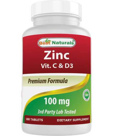 Best Naturals Zinc 100 mg with Vitamin C & D3 180 Tablets Gluten Free and Non-GMO