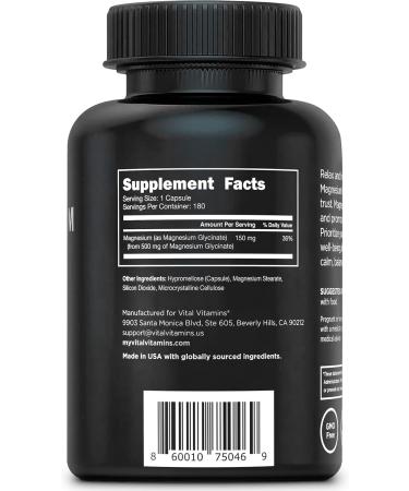 Vital Vitamins Magnesium Glycinate 500mg - High Absorption Formula - Promotes Relaxation Calmness & Restful Sleep - Pure Magnesium Supplement for Men & Women - 180 Capsules Vegan Non-GMO 180 Count (Pack of 1) - Buy Online on GoSupps.com