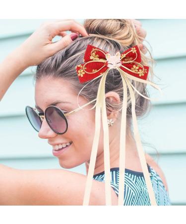 LIFKOME Chinese Style Bow Hair Clip Long Tail Tassel Ribbon Hair Barrette Vintage Hanfu Hair Bows Ponytail Holder Accessories for Women Girls Kids (Red) - Buy Online on GoSupps.com