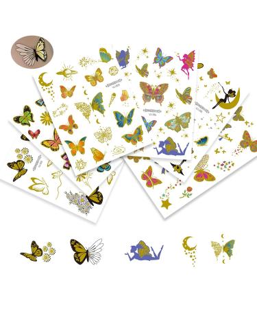 Firot Metallic Temporary Tattoos Laser Glitter Butterfly Watercolor fairies flowers stars Tattoo Stickers for Kids Teens Adults & Body Arm Face Decoration Beauty Accessories 6 Sheets (Metallic) Golden