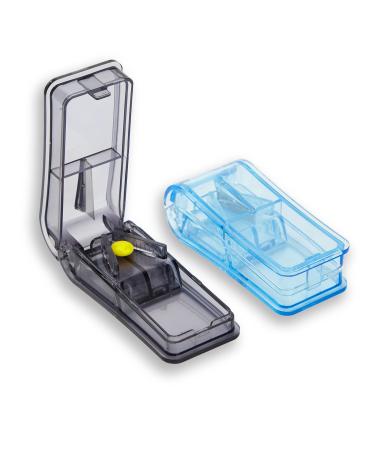 GeekerChip Coupe-Comprim 2 Pcs pour Couper et craser Petits et Gros Cachets 2 en 1 avec compartiment de rangement pour pilules(Bleu+noir)