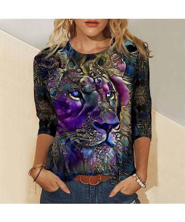 YRAETENM Women's Colorful Lion Print 3/4 Sleeve Tee - Purple | Spring Loose Fit Casual Top - Buy Online on GoSupps.com