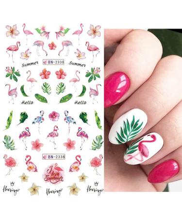 Summer Flamingo and Green Leaf Nail Art Stickers Decals - 12 Sheets - Buy Online on GoSupps.com