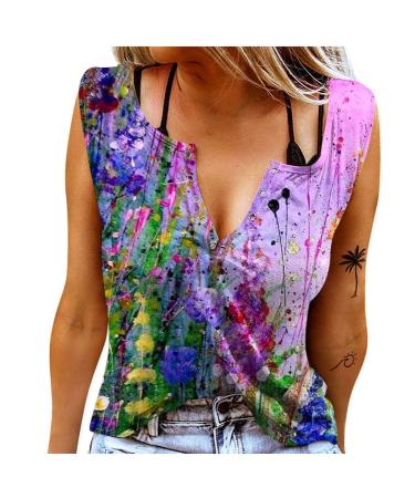 Tank Top for Women Sexy V Neck Casual Summer Tops Floral Printed Sleeveless Shirts Ring Hole Country Music T-Shirt 01 Purple X-Large