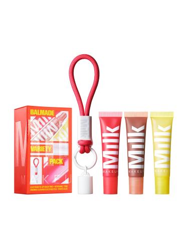 Milk Makeup 3-Pack Balmade Hydrating Lip Balm Gift Set Sheer-Tinted High Shine Glosses for Visibly Plumper Lips + Exclusive Keychain Full Size Electron (Clear) Pump (Warm Beige) + Core (Red)