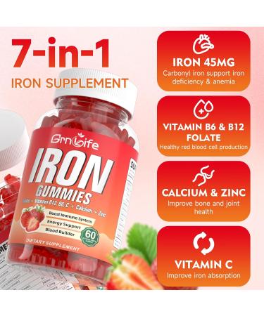 Iron Gummies for Women Men & Kids Sugar Free Iron Supplement with Calcium Zinc Folate & Vitamin B12 C B6 - for Blood Building & Energy Support Anemia Strawberry 60 Count 60 Count (Pack of 1) - Buy Online on GoSupps.com