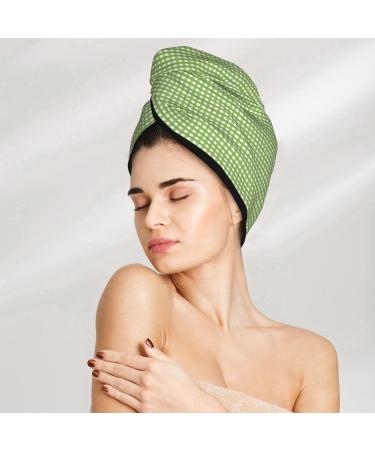 Hair Towel Wrap - Quick Drying Green Gingham Towel Turban with Button | International Shipping - Buy Online on GoSupps.com