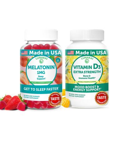 Lunakai USA Made Low Dose Melatonin & Vitamin D3 Gummies Bundle Sleep Bone & Immune Support 60 Non-GMO Gummies Each