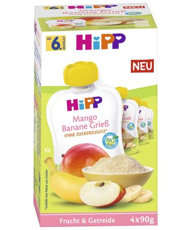 HiPP Organic Fruit & Grain in a Squeeze Pouch for Baby Mango Banana Semolina Pack of 4 (4x4x90g)