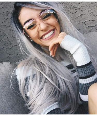 YUNSI Grey Wigs for Women Ombre Grey Natural Straight Long Synthetic Hair Heat Safe None Lace Front Wig 30 Inch
