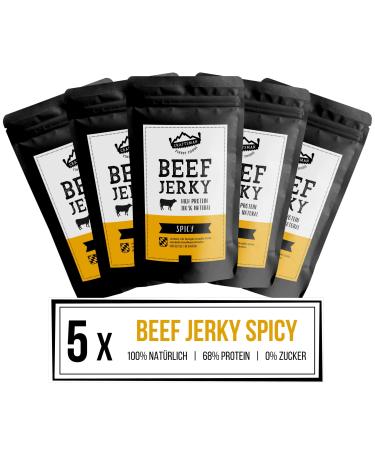 CRAFTSMAN FINEST FOODS Craftsman Beef Jerky Spicy | Made in Germany - Bavaria | Pack of 5 x 100g 500g | 100% Natural Sugar Free | 100% Beef | High Protein 68% | Dry Meat Biltong Spicy Chili