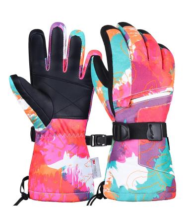 OKIDSO Kids Winter Ski Waterproof Gloves - Splash-Proof Warm & Soft Nylon with Zipper Pocket Mittens for Boy & Girl 2 Colors & Size Red L 9-13 years Red