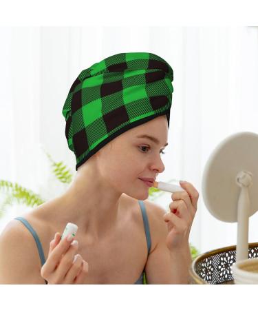 Buffalo Plaid Green Black Microfiber Hair Towel | Super Absorbent Coral Velvet Wrap for Long Curly & Thick Hair - Quick Dry Cap for Women - Buy Online on GoSupps.com