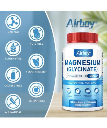 Airboy Magnesium Glycinate 200 mg Best Magnesium Glycinate for Sleep 120 Vegan Small Capsules High Absorption Support Relaxation Sleep and Calm Mood Non-GMO and No Gluten - Buy Online on GoSupps.com