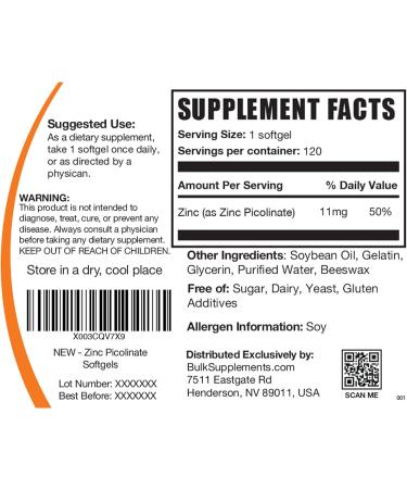 Zinc Picolinate Softgels 11mg - Immune Support Supplement - 120-Day Supply, 120 Softgels - Buy Online on GoSupps.com