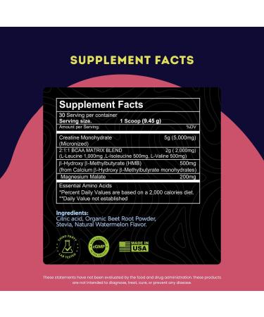 Creatine Monohydrate 5g with BCAAs Support Muscles Cellular Energy and Cognitive Function* Watermelon Micronized Powder 30 Servings Keto Friendly - Gluten-Free - Buy Online on GoSupps.com