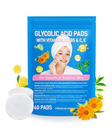 40pcs Glycolic Acid Pads for Face Body Underarms - Vitamins B3 B5 & C E - Green Tea Calendula Allantoin - Exfoliates Skin Reduce Fine Lines Wrinkles - Collagen Renewal - Peeling Pads Glycolic 40p
