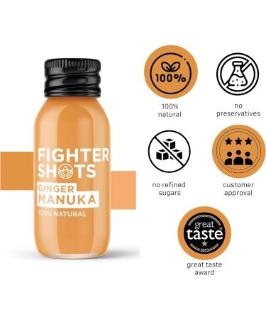 Fighter Shots Ginger Manuka Honey (12x60ml) - Fresh & Fiery Ginger Shots for Immune Support & Energy Boost | 100% Natural - Buy Online on GoSupps.com