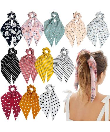 Sunaction 12 Pcs Hair Scarf Scrunchies For Women Chiffon Floral Scrunchie Scarf Hair Ties Scarf Ponytail Holder Ribbon Scrunchie with Tails Stripes&Dots Floral