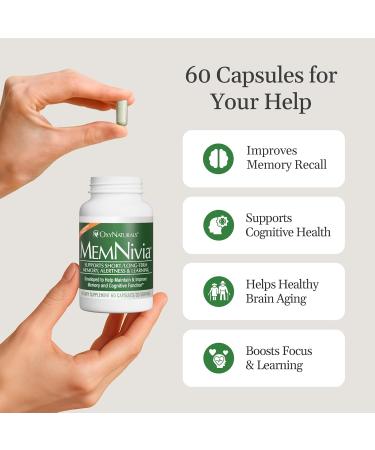 MemNivia Brain Supplements for Memory & Focus | Dual-Sage Stem Cell Formula with Cognivia Bacopa Holy Basil & Ginger | Clinically Proven Mental Clarity Support | 180 Capsules (3 Bottles) | USA Made 60 Count (Pack of 3) - Buy Online on GoSupps.com