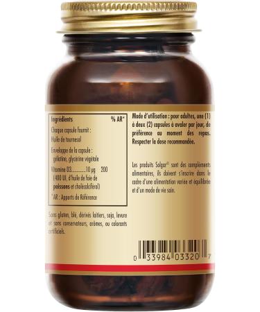 Solgar Vitamin D3 400 IU - Natural defenses - Immunity - Bone health - Immune System - Food supplement - Bottle of 100 capsules - Buy Online on GoSupps.com