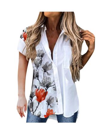 Ganfancp Women's Cardigan Top Summer Button Down Lapel Short Sleeve Shirts Outwear Floral Print Lightweight Loose Fit Blouse White-64 XX-Large