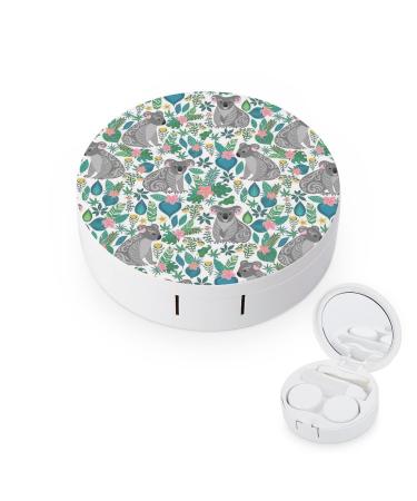 Cute Gray Koalas with Ornaments Tropical Flowers And Leaves Round Case For Contact Lens Kit Storage Box with Mirror Printed