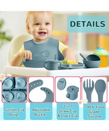 8 Pack Silicone Baby Feeding Set - Divided Plate, Bibs, Suction Bowl, Placemat, Spoon, Fork, Cup with Straw - Toddler Tableware Set (Dusty Blue) - Buy Online on GoSupps.com