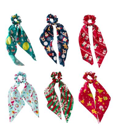 Miaija 6Pieces Christmas Hair Scarf Scrunchies Multicolored Elastic Hair Ties Ponytail Holder Fashion Bow Hair Ropes Scrunchy for Hair Accessories