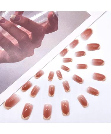 Gradient Brown French False Nails - Short 24Pcs Press On Square Acrylic Tips for Women - Buy Online on GoSupps.com