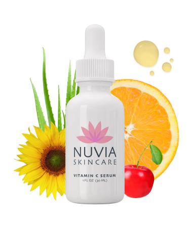 Nuvia Vitamin C Serum with 7 Unique Forms of Vitamin C + Hyaluronic Acid  96% Organic  Aloe-Based Formula  Contains L-Ascorbic Acid & Acerola - 1 fl oz (30mL)
