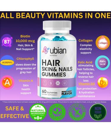 NUBIAN NUTRIFIED Biotin Gummies 10000mcg for Hair Skin & Nails Vitamin B7 Supplement for Women & Men Supports Healthy Growth Radiant Skin & Strong Nails Vegan Mixed Berry Flavor 60 Count - Buy Online on GoSupps.com