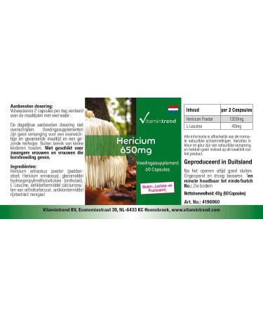 Hericium Powder 650 mg - 60 Capsules Functional Vital Fungus Adaptogen Highly Dosed Vegan | Vitamintrend  - Buy Online on GoSupps.com