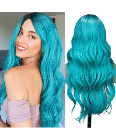 Fancy Hair Ombre Wig Bluish Light Blue Wigs Long Curly Wavy Hair Wigs 2 Tones Dark Roots Synthetic Teal Daily Party Cosplay Wigs for Women Light Teal blue 28