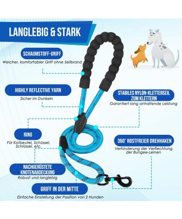 Shop Eyin Double Linen Dog Leash for Large Dogs | Reflective Flexible & Padded Handles | Fits Dogs 11-68kg - Blue - Buy Online on GoSupps.com