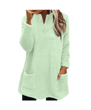 AMhomely Ladies Womens Soft Teddy Fleece Hooded Jumper Plus Size Double Fleece Casual Hoodies With Pocket V Neck Soft Fleece Hooded Sweatshirts Plain Pullover Tops Winter Lightweight Lounge Tops 03 Green M