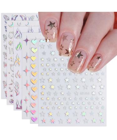 9 Sheets Aurora Holographic Nail Art Stickers Decals Self-Adhesive Pegatinas U as Glitter Heart Flame Stars Butterfly Moon Nail Supplies Nail Art Design Decoration Accessories