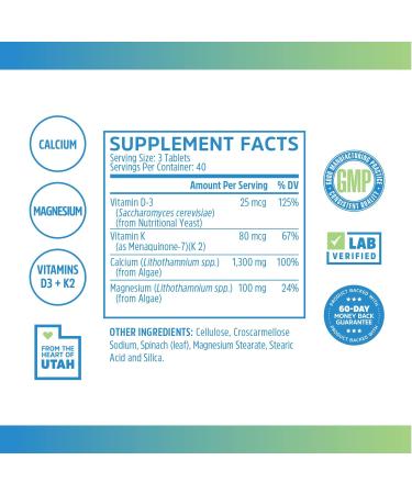 Zhou Nutrition Calcium Greens Superfood - Bone Support Supplement | Algae Calcium, Magnesium, Vitamin D3 & K2 | 1300mg, 120 Tablets - Buy Online on GoSupps.com