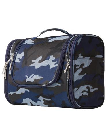 Extra Large Capacity Hanging Toiletry Bag for Men & Women, Portable Waterproof Bathroom Shower Bag, Lightweight Dopp kit Shaving Bag, Sturdy Metal Hook Organizer Makeup Bag Camo Blue