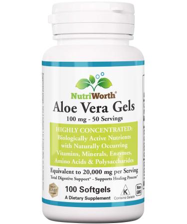Nutriworth Aloe Vera Supplement (100 Softgels ) 20,000mg Pure Gel Equivalency  Made with Organic Aloe Vera