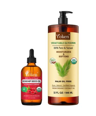 Yoken Organic Rosehip Seed Oil for Face and Glycerin Vegetable Glycerine 32 fl oz