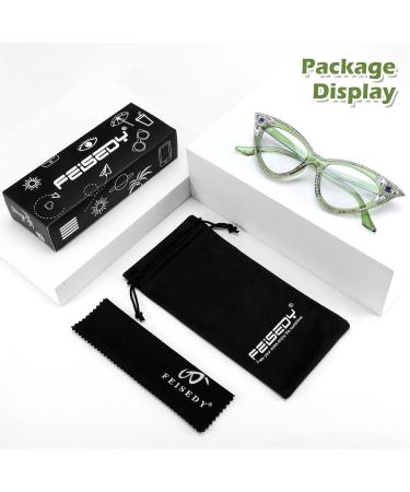 FEISEDY Diamond Blue Light Blocking Cat Eye Glasses for Women - Rhinestone Anti Eyestrain Computer Eyewear B0070 Green 50mm - Buy Online on GoSupps.com