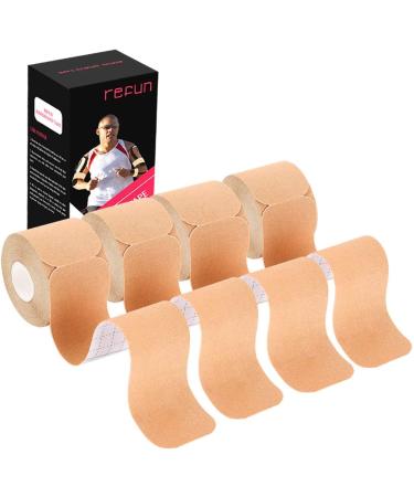 REFUN Kinesiology Tape Precut (4 Rolls Pack), Elastic Therapeutic Sports Tape for Knee Shoulder and Elbow, Pain Relief, Waterproof, Latex Free, 2" x 16.5 feet Per Roll, 20 Precut 10 Inch Strips Beige