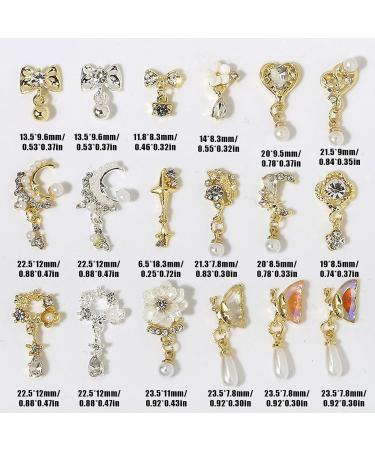 Dangle Nail Charms 18PCS Luxury Nail Gems Set - Heart, Flower, Moon, Butterfly, Pearl, Bow | 3D Gold & Silver Alloy Rhinestones for Nail Art Decoration - Buy Online on GoSupps.com