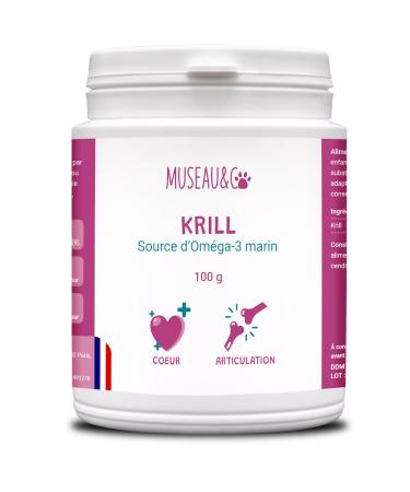 Museau & Co Krill Powder for Dogs and Cats - 100% Natural Food Supplement - Rich in Omega 3 and 6 - Astaxanthin - Beauty of the Coat, Joints and Immune System - 100g