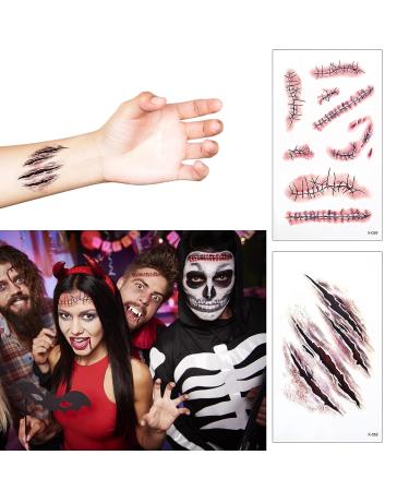 Sibba Fake Blood Temporary Tattoo Body Art Skin Stickers - 10 Pieces Horror Realistic Bloody Wound Stitch Scar Scab Bruise Halloween Cosplay Makeup Kit - 4 Styles - Buy Online on GoSupps.com