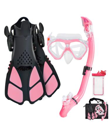 Aisrida Kids Snorkeling Set Children Mask Fin Snorkel Set Snorkeling Gear Snorkel Mask + Adjustable Swimming Kids Flippers+ Dry Snorkel Tube + Travel Bags Pink